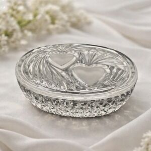 Crystal Heart Trinket Box w Lid Clear Pressed Glass Jewelry Valentine Gift